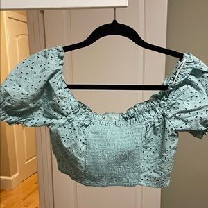 Women's Blue Eyelet Puff Sleeve Top